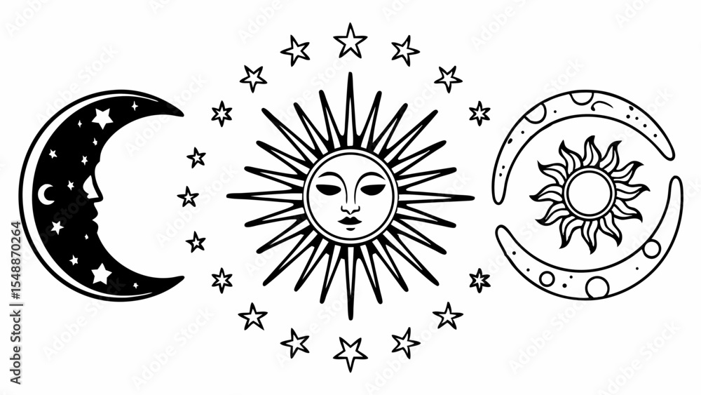Poster celestial design featuring a crescent moon with a face, sun with rays, and moon with sun inside it w