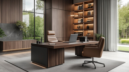 Virtual background for online business meetings, showcasing a stylish office with glass walls, minimalist shelves, soft lighting, and a modern cityscape in the distance. Designed to look professional 