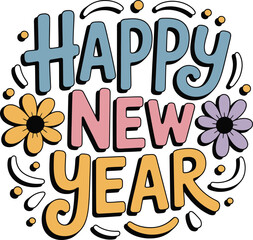 Happy new year text with flowers and decorative swirls on white background