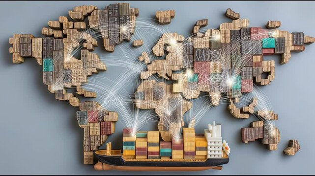 A wooden model of the world depicting cross-border trade concepts and import-export flow between nations. Global Trade Network &ndash; Animated Video Version