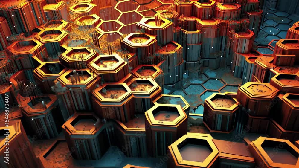 Poster exploring an abstract hive structure formed by artificial intelligence, showcasing intricate hexagon