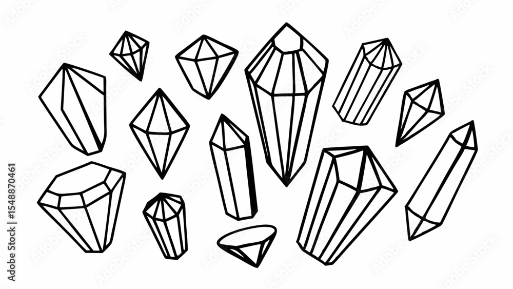 Poster collection of outlined crystals and gems in various shapes and sizes on a white background design el