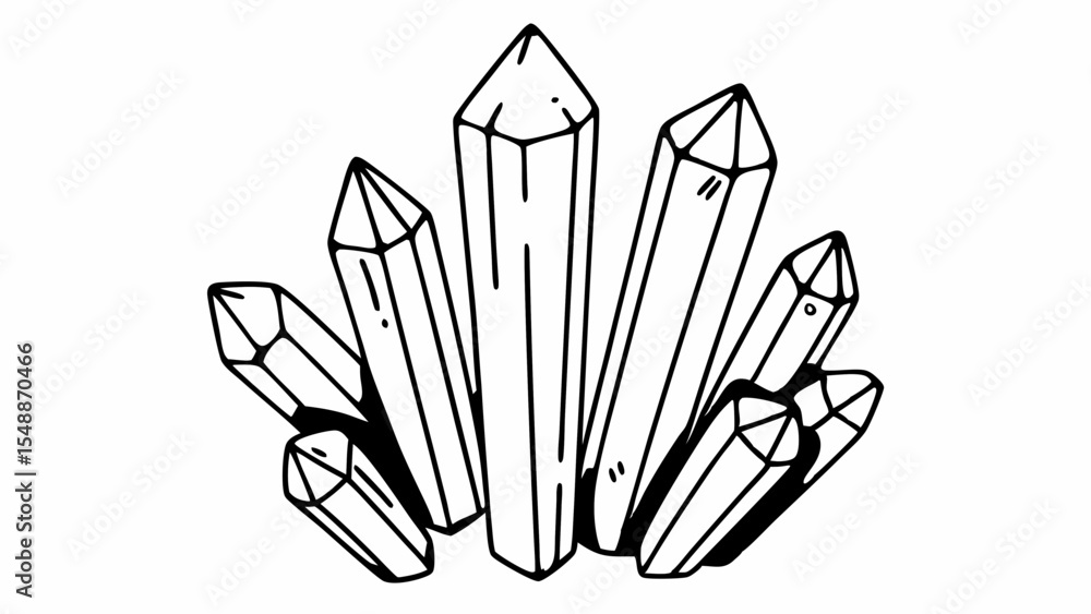 Poster illustration of a cluster of crystals with various sizes and shapes in a black outline design style 