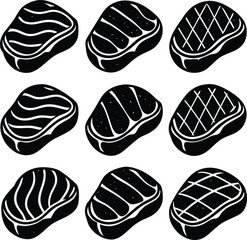 Black and White Steak Illustration Pattern with Varied Grill Marks and Meat Grain Designs Arranged in a Grid on a White Background This