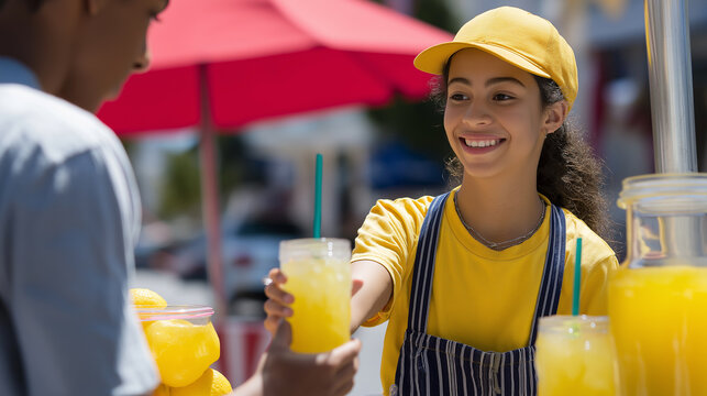 Smiling girl serving lemonade at a stand on a sunny day.
- Powered by Adobe