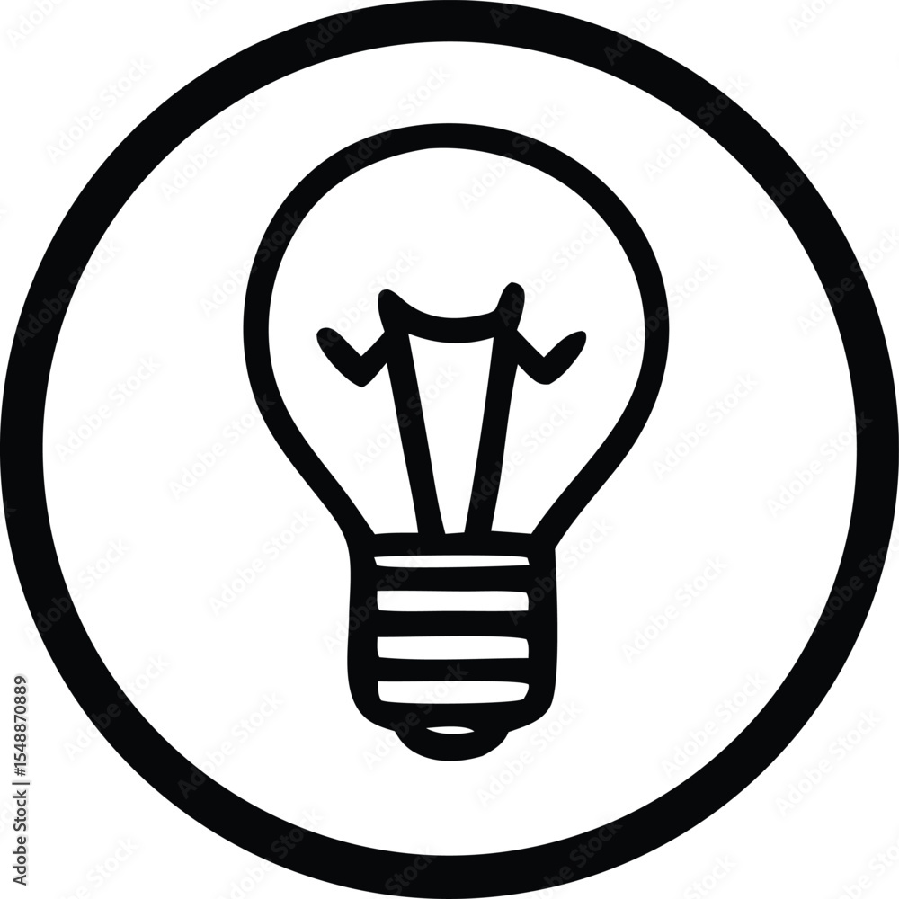 Poster simple black and white lightbulb icon inside a circle representing ideas and innovation isolated on 