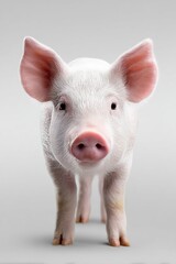 Fototapeta premium Close-up of an adorable pink piglet with large ears standing against a plain white background, capturing its cute innocence.