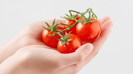 A pair of hands holding a cluster of ripe, red, fresh cherry tomatoes