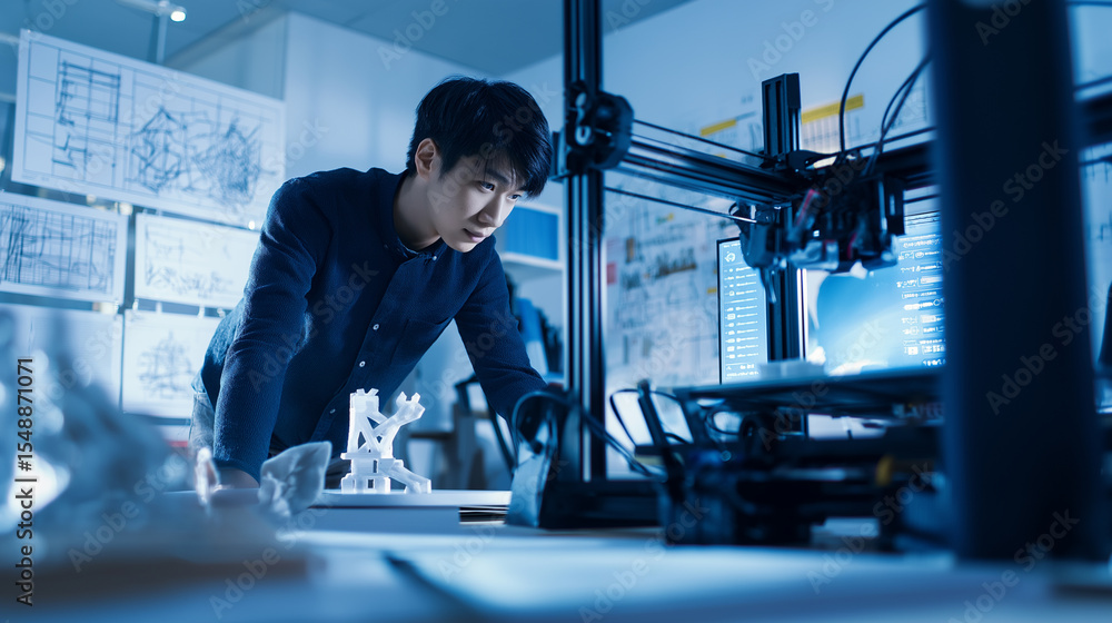 Aufkleber young engineer working with a 3d printer in a high-tech lab environment.