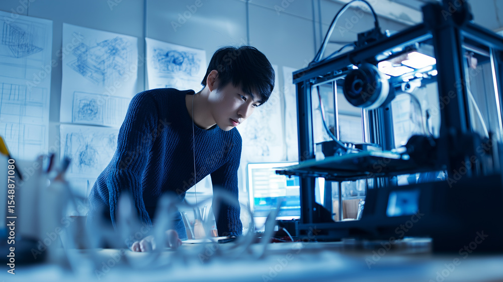 Poster young engineer working with a 3d printer in a high-tech lab environment.
