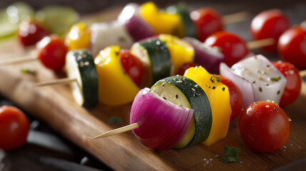 Close-up of colorful vegetable skewers with cherry tomatoes on a wooden board.
