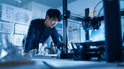 Young engineer working with a 3D printer in a high-tech lab environment.
