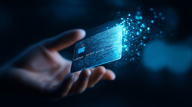 Hand holding a digital credit card with a glowing data trail in a dark background.
