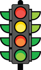 Cartoon Traffic Light with Four Lights Displaying Red Yellow Orange and Green with Green Visors on Each Side Isolated on White This cartoon