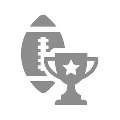 American football championship and tournament. Football or rugby ball with winner champion award cup vector icon.
