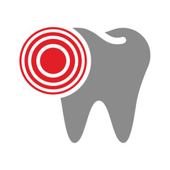 Toothache with tooth and red circle. Cavity, teeth decay and pain or ache vector icon.