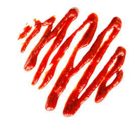 A vibrant red sauce artistically drizzled on a white background, suggesting use in food presentation.