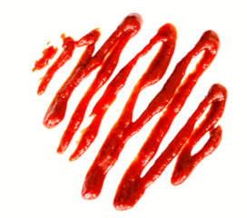 A vibrant red sauce artistically drizzled on a white background, suggesting use in food presentation.