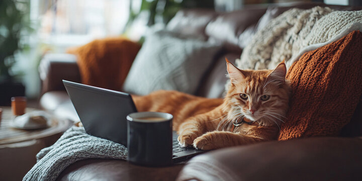 A ginger cat lounges on a comfy leather couch, enjoying a cozy autumn day with a laptop and a warm mug of coffee.