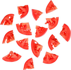 A collection of sliced tomatoes arranged artistically.
