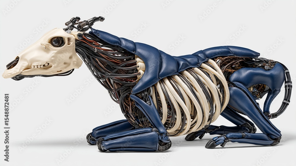Poster detailed close-up of a robotic animal with skeletal and mechanical features in a neutral setting