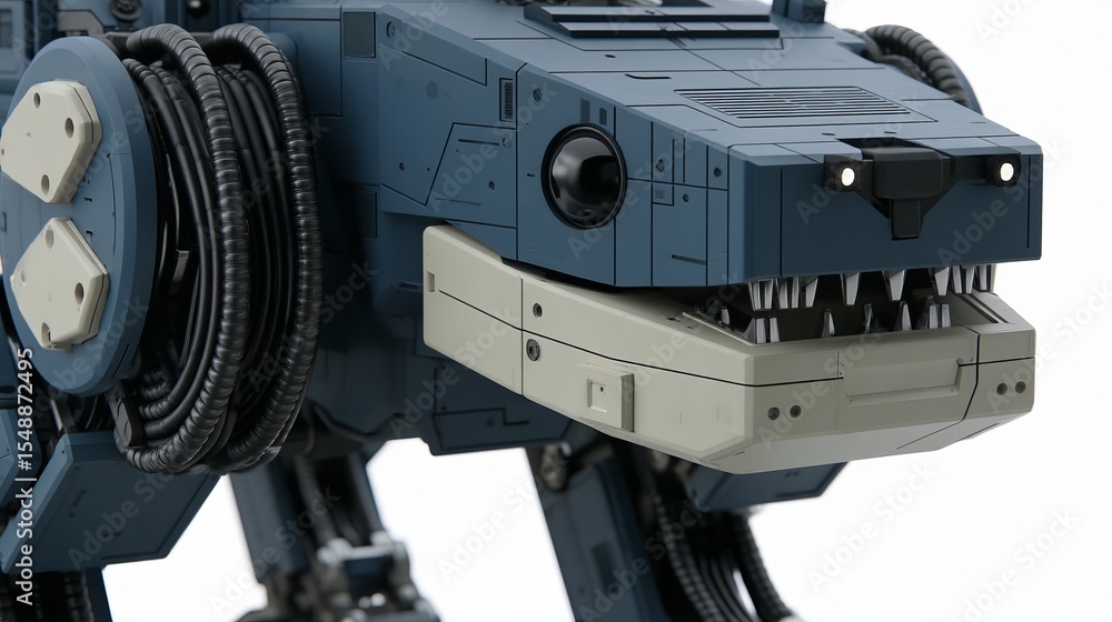 Poster close-up of a detailed robotic dinosaur head with mechanical features and sharp teeth