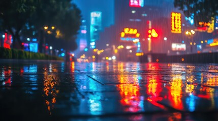 Rainy City Street Reflecting Neon Lights and Atmospheric Reflections at Night