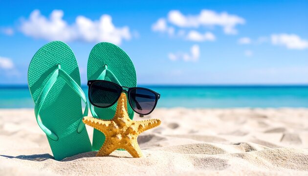 Seashells, coral, and flip-flops on bright beach sand, clear blue sky with clouds, space for headline.