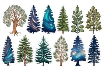 Obraz premium Pixel Art Tree Collection Diverse Coniferous and Deciduous Trees with Galaxy Backgrounds