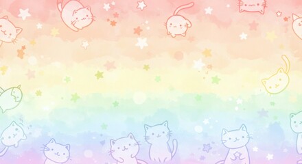 Pastel Rainbow Watercolor Background with Cute Cartoon Cats and Stars Adorable Kitten Illustration