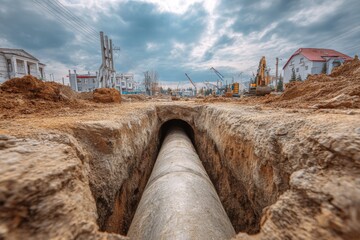 Urban construction site with large pipeline installation under cloudy sky