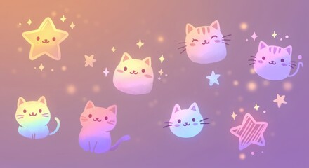 Adorable Pastel Rainbow Cats and Stars Cute Kawaii Cartoon Illustration for Kids Phone Wallpaper