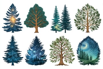 Pixel Art Tree Collection Night Sky Forest Illustrations