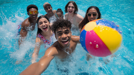Diverse group of friends playing with a beach ball and splashing in a swimming pool.