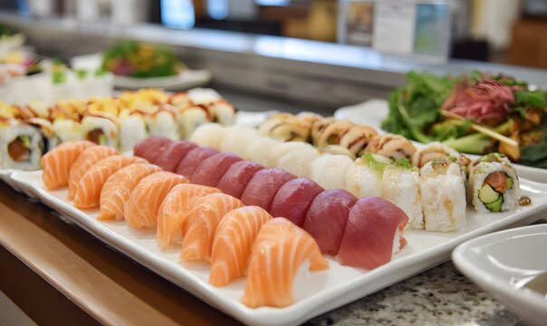 a photograph of a display of sushi, Generative AI