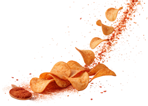 Spicy Potato Chips Falling Red Powder isolated on a transparent background