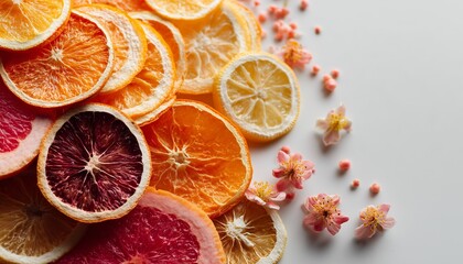A colorful array of citrus fruit slices paired with delicate cherry blossoms on a bright, minimalist background.