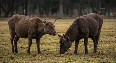 Fototapeta premium Two Mishmi takins graze peacefully in a lush field, showcasing their distinct brown coats and horns.