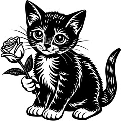 cat and flower on white background