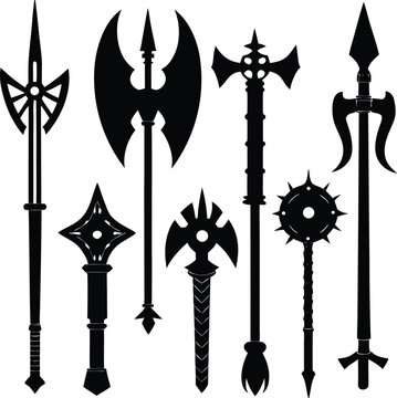 Silhouette Illustration of Fantasy Medieval Weapons Polearms Axes and Maces Displayed Against a White Background Demonstrating Variety and Design Elements This image presents