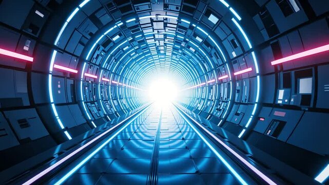 Futuristic tunnel video background for sci fi projects and motion graphics with neon lights effect