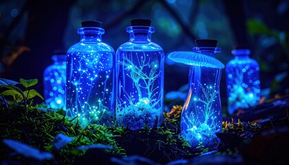 Enchanting luminous bottles filled with magical flora in a mystical setting