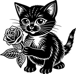 cat and flower on white background