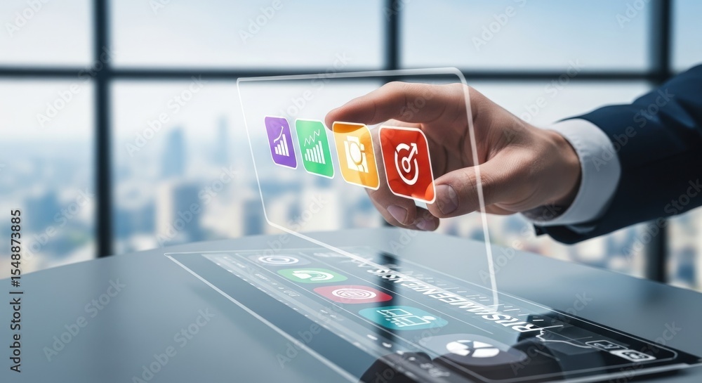 Poster man interacting with transparent screen interface with app icons in a modern office setting view