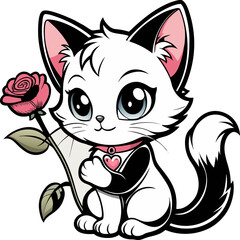 cat and flower on white background