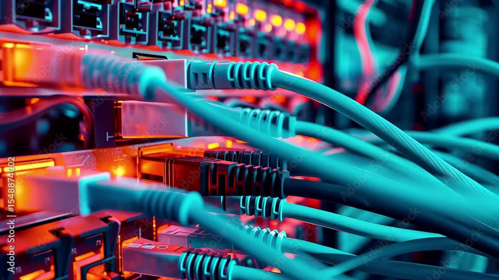 Poster network cables connected to ethernet switches illuminated in blue and orange light within a data cen