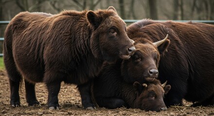 Fototapeta premium A group of brown, fluffy cows are seen huddled together in a field; they appear warm and content.