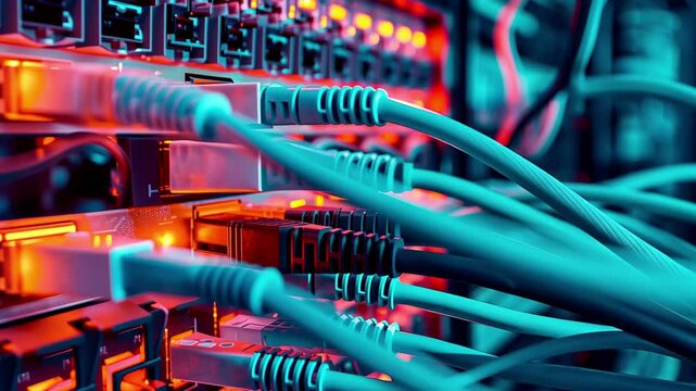 Network cables connected to Ethernet switches illuminated in blue and orange light within a data center during a busy workday, showcasing the importance of connectivity in modern technology