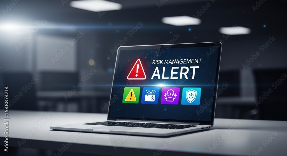 Poster a laptop displays a risk management alert with various icons on the computer screen on a desk