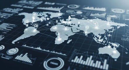 A world map with glowing connections and data visualizations on a dark background showing global networks